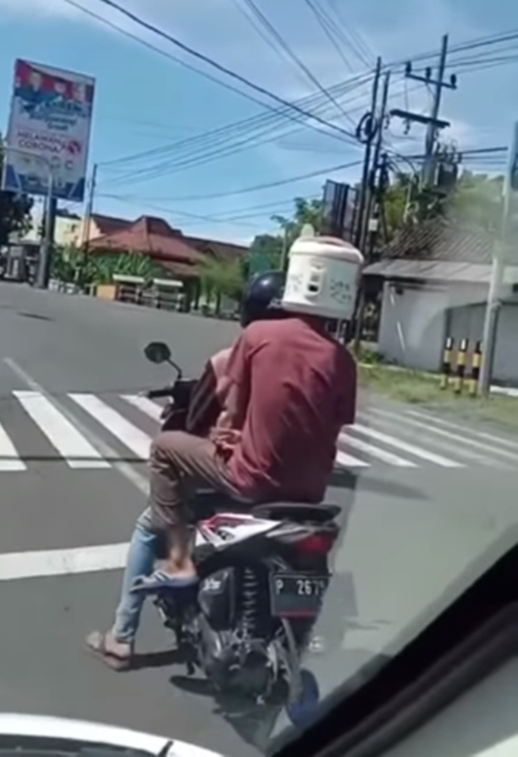 Motorcycle Backrider Using Rice Cooker As Helmet Goes Viral