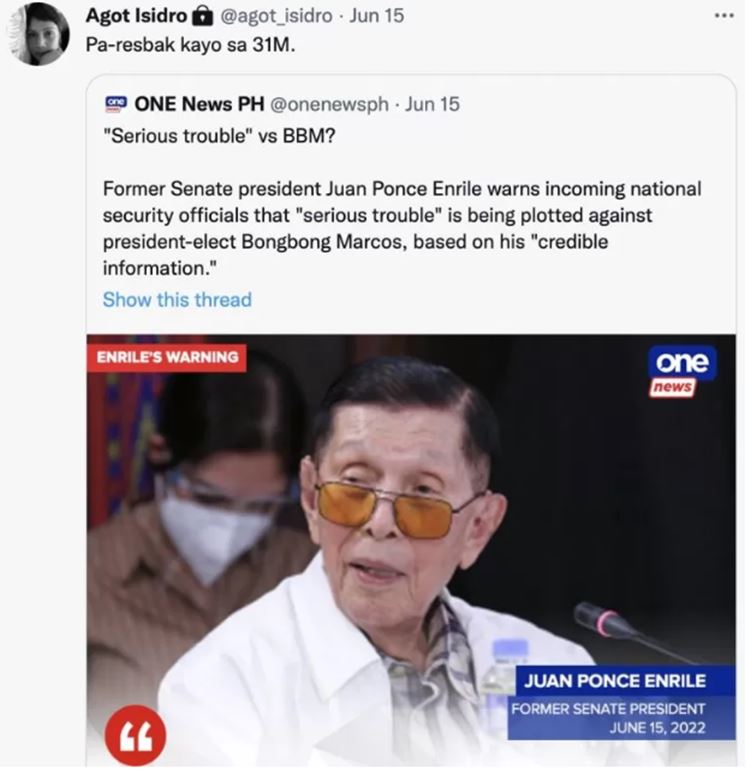 Agot Isidro to Juan Ponce Enrile: 