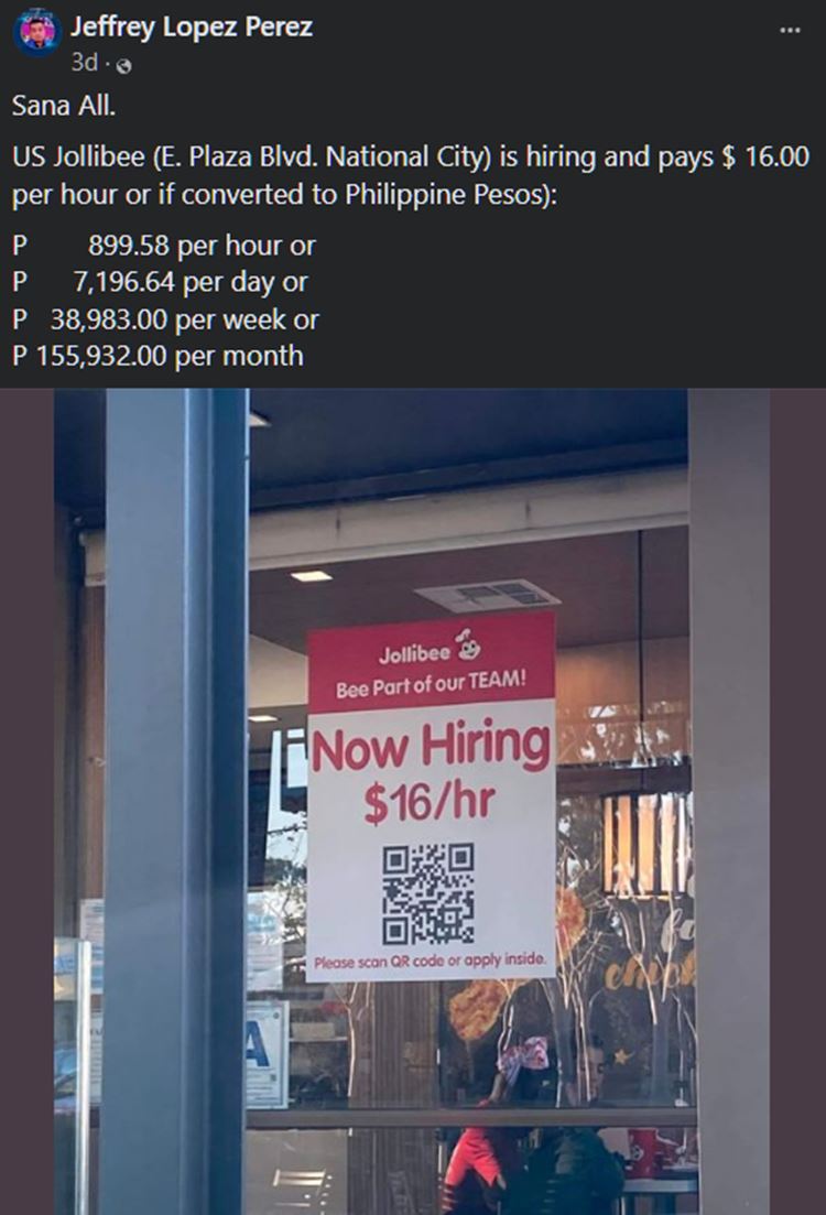 Jollibee US Branch Salary Rate Earns Mixed Reactions