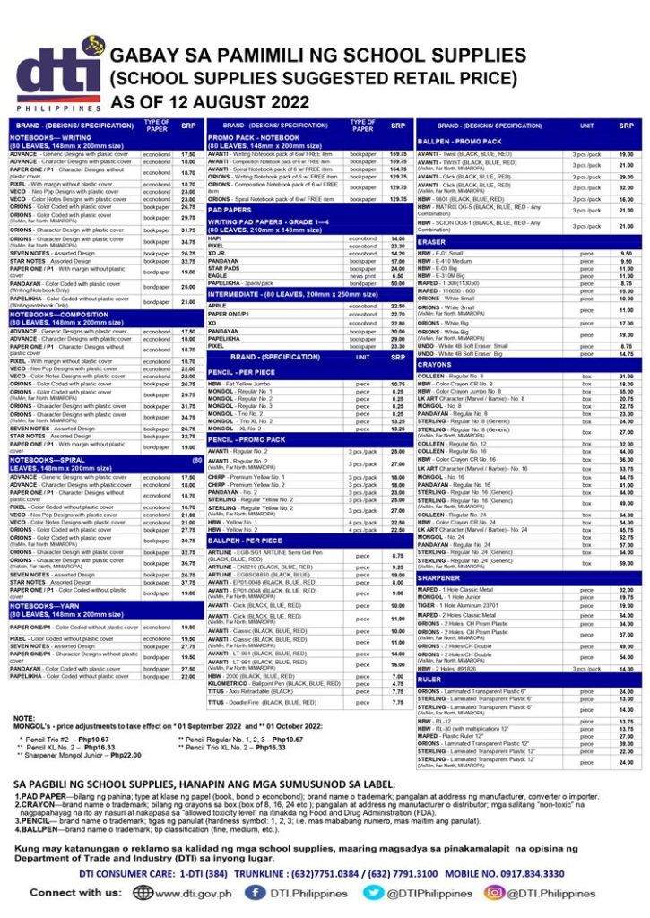 School Supplies Suggested Retail Price (SRP) as of August 12, 2022