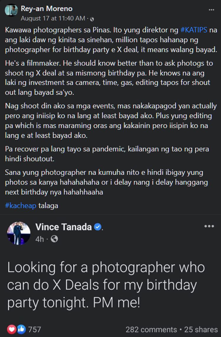 Vince Tañada Slammed By Photographer Due To His X Deal Post