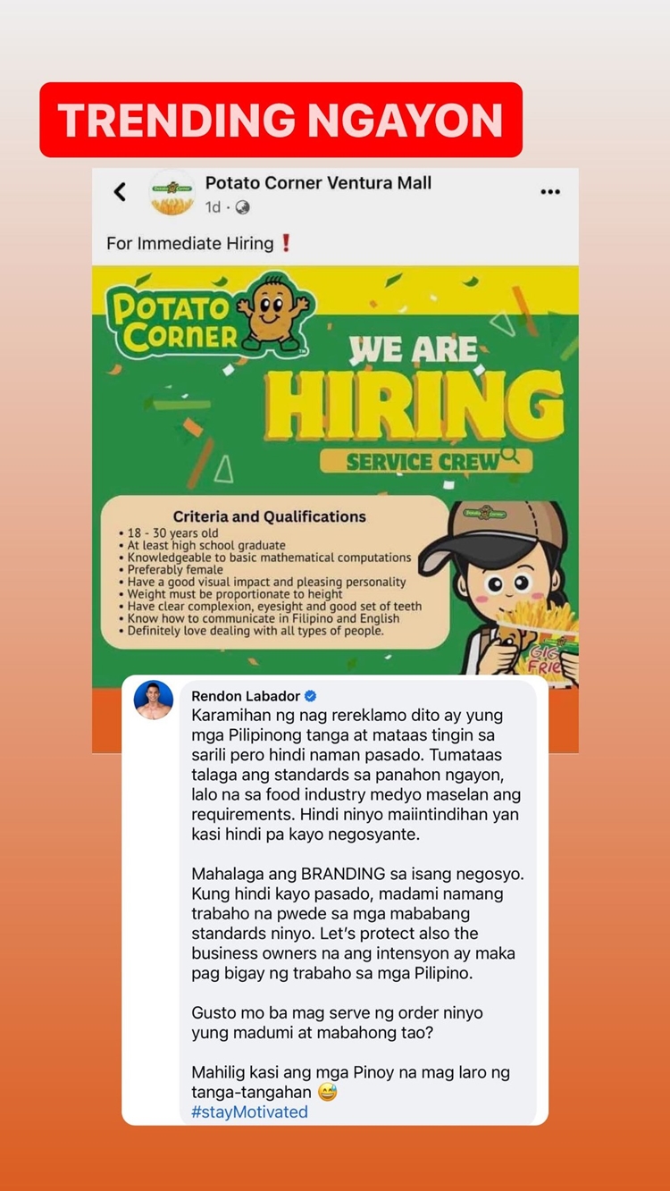 Rendon Labador Reacts to Viral Qualifications of a Potato Corner Branch
