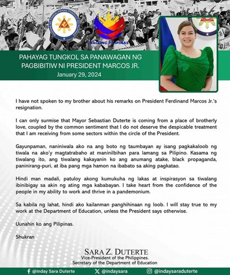 Baste Duterte's Call For PBBM To Resign Elicits Reaction From VP Sara ...