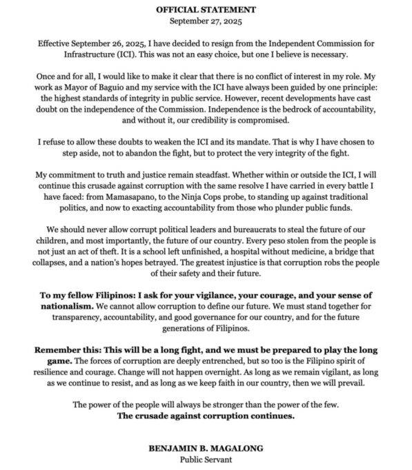 Benjamin Magalong Statement
