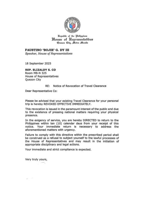 Zaldy Co Order To Return to PH