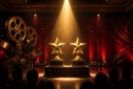 Two golden star trophies on a spotlighted awards night stage