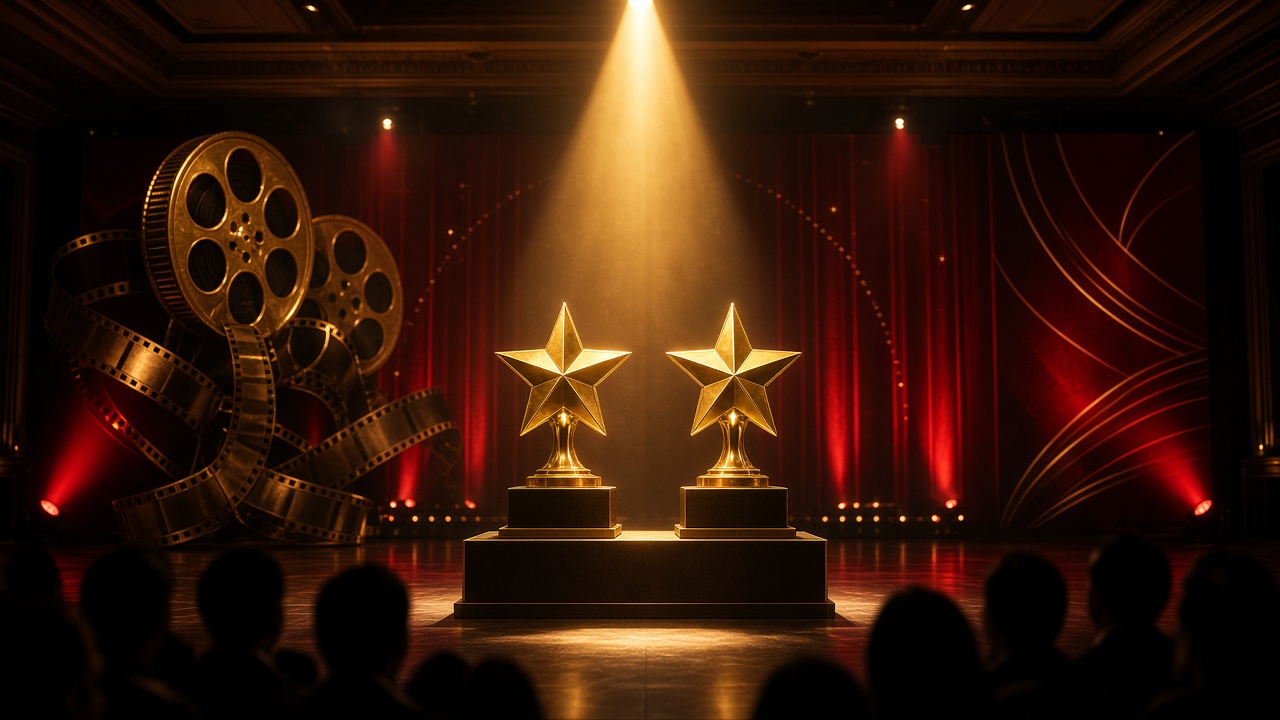 Two golden star trophies on a spotlighted awards night stage