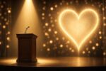 Podium with a microphone on a stage with a glowing heart backdrop