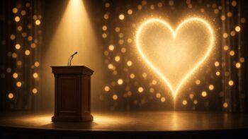 Podium with a microphone on a stage with a glowing heart backdrop