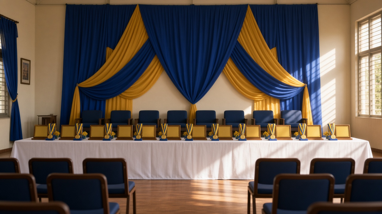 School ceremony hall with blue and yellow drapes and rows of award plaques and medals