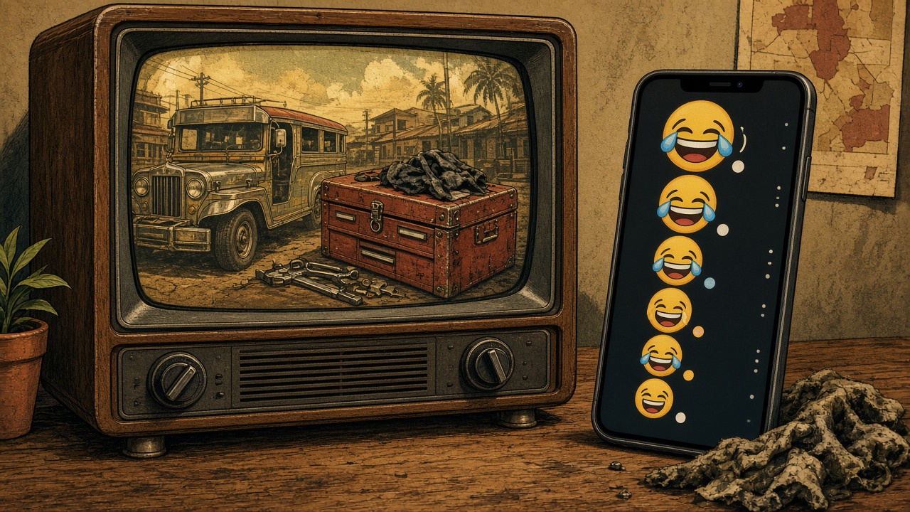 Illustration of a vintage TV showing an old movie scene beside a phone full of laughing emojis