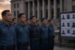 Police officers in uniform standing in formation in front of a government building at dawn