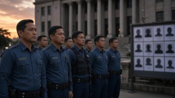 Police officers in uniform standing in formation in front of a government building at dawn