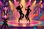 Illustration of two silhouetted women dancing on a colorful stage while a phone records them