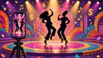 Illustration of two silhouetted women dancing on a colorful stage while a phone records them