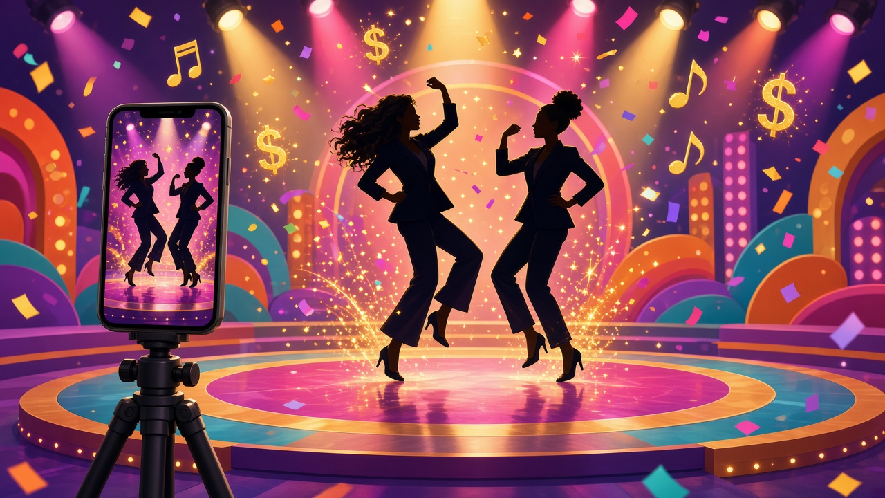 Illustration of two silhouetted women dancing on a colorful stage while a phone records them