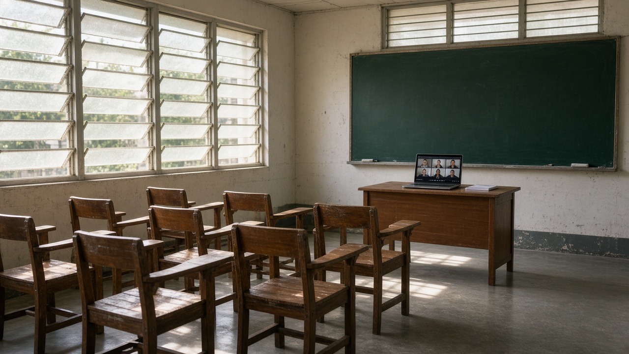 Empty Philippine public school classroom with a laptop showing an online class