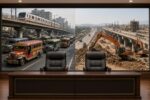 Illustration of a government briefing room with views of Metro Manila commuter traffic and a road construction site