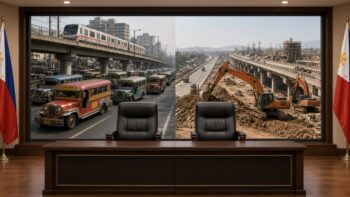 Illustration of a government briefing room with views of Metro Manila commuter traffic and a road construction site