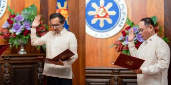 The new DPWH and DOTr secretaries taking their oath of office before President Marcos