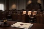 Empty legislative session hall with a gavel and sealed documents on a desk