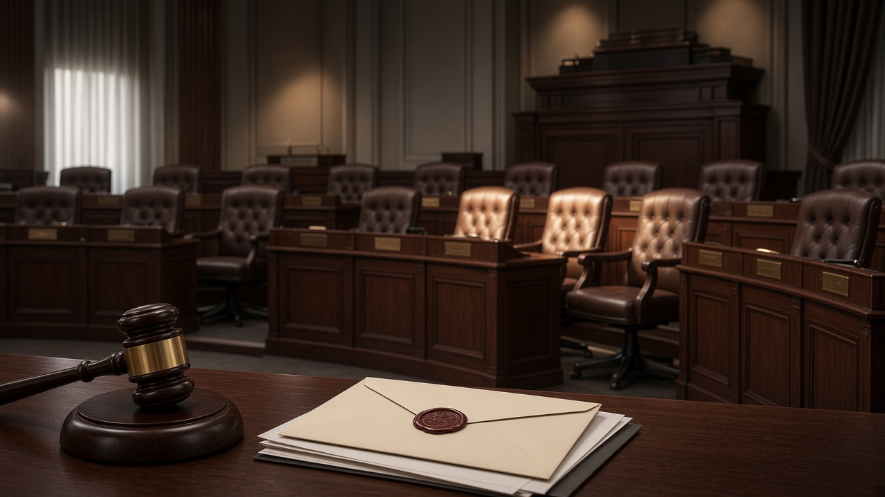 Empty legislative session hall with a gavel and sealed documents on a desk