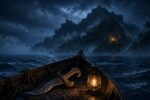 Small wooden boat with a lantern and dagger sailing toward a misty island at night