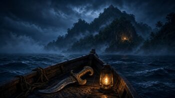 Small wooden boat with a lantern and dagger sailing toward a misty island at night