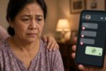 Illustration of a worried older Filipino woman looking at a phone chat asking for money