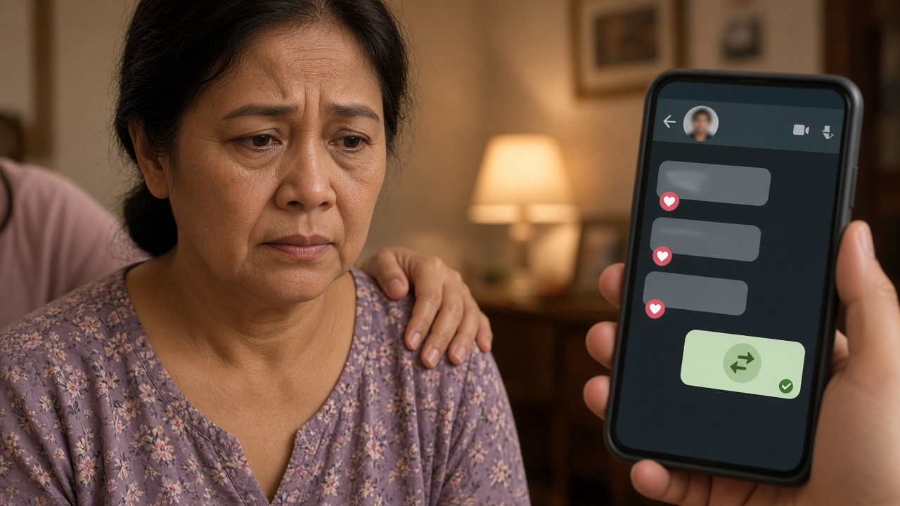 Illustration of a worried older Filipino woman looking at a phone chat asking for money