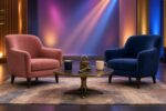 Talk show set with two armchairs and a padlock and key on the coffee table