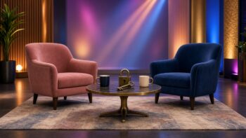 Talk show set with two armchairs and a padlock and key on the coffee table
