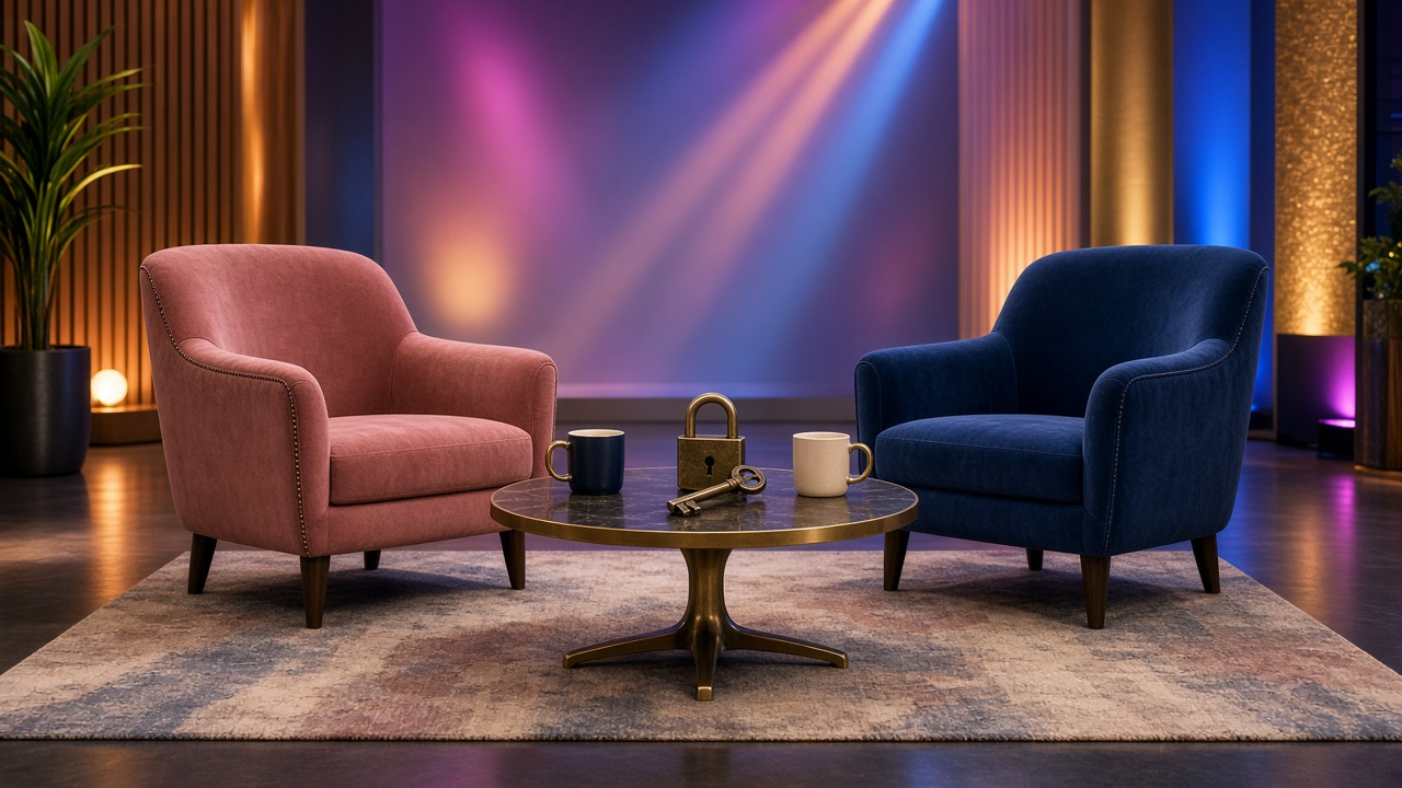 Talk show set with two armchairs and a padlock and key on the coffee table