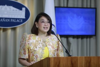 Palace Press Officer Claire Castro speaking at a podium during a Malacañang press briefing